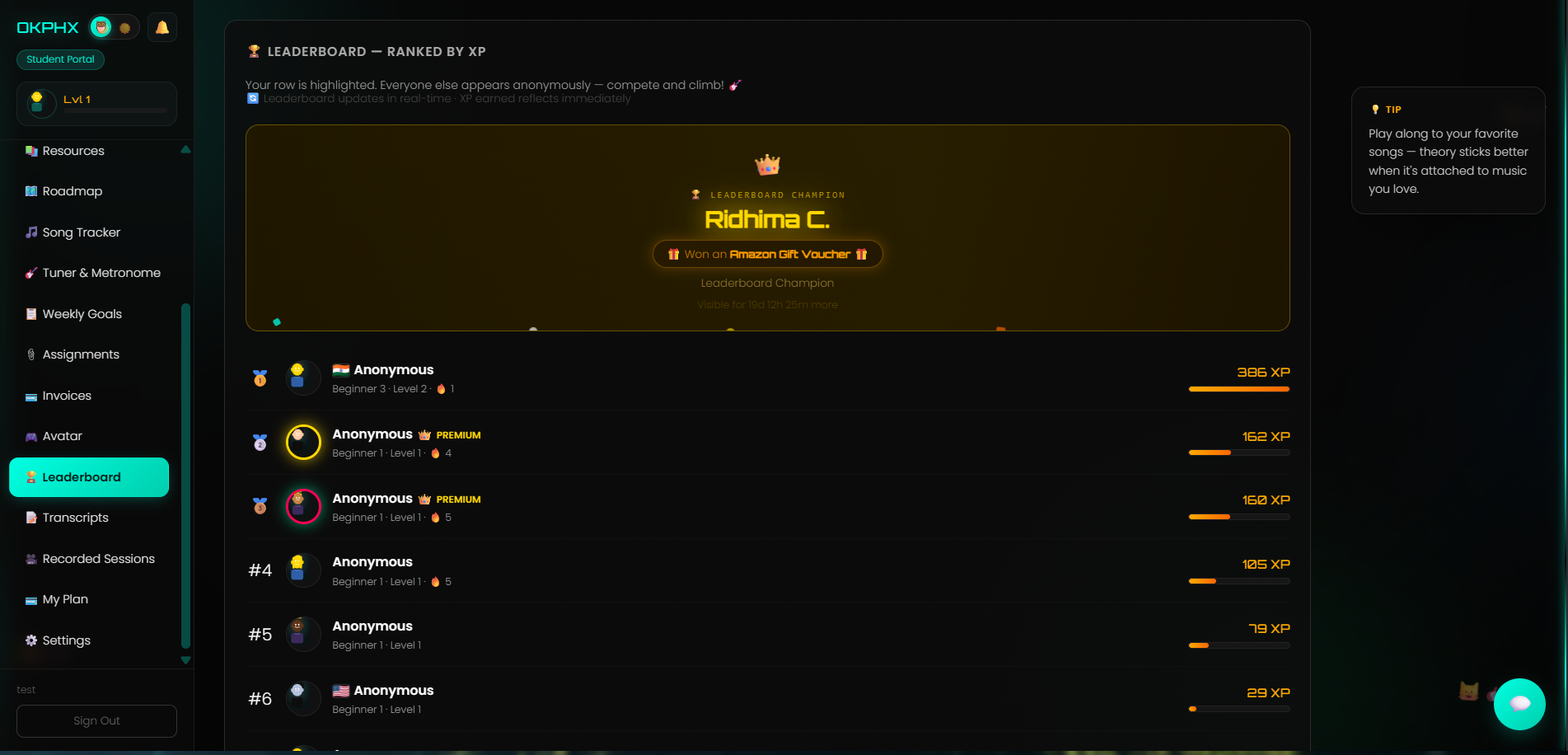 Live XP leaderboard with weekly champion