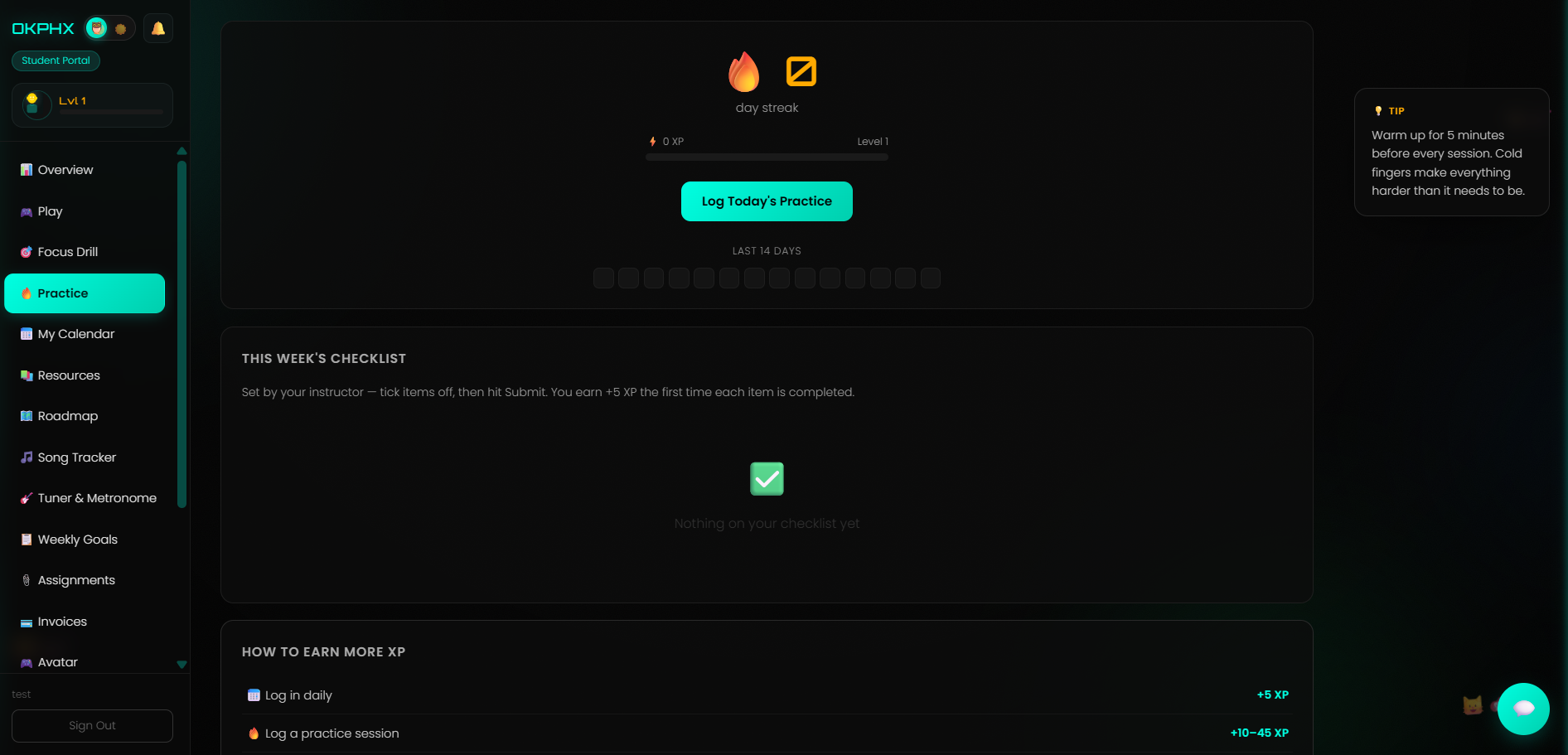 Practice tracker with streaks and XP